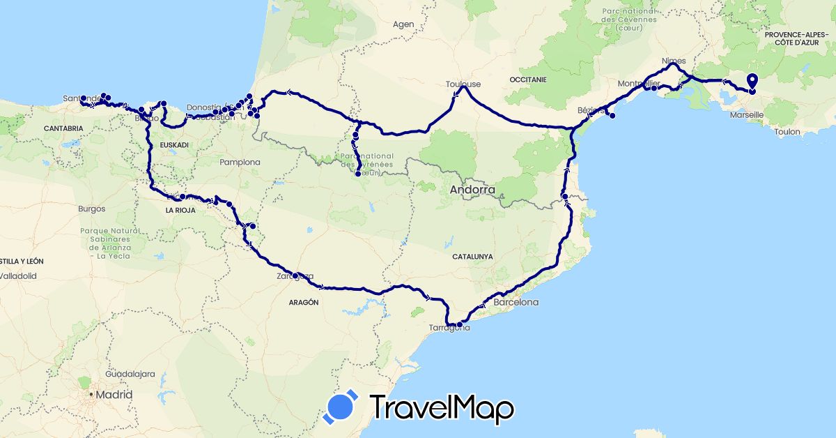 TravelMap itinerary: driving in Spain, France (Europe)